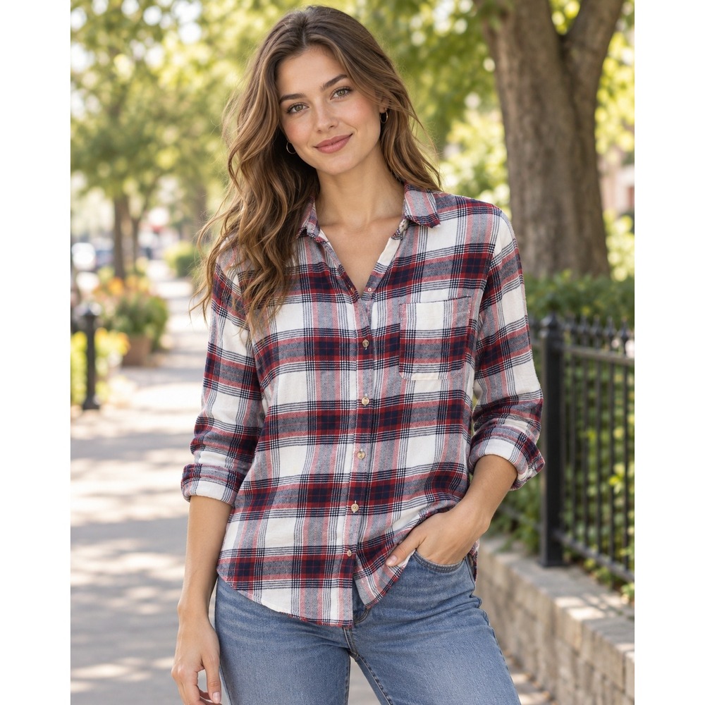 Abercrombie & Fitch Red White Blue Plaid Flannel Button Down Shirt Small Casual